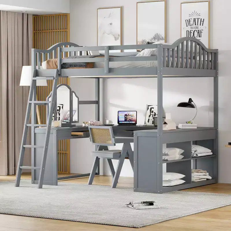 Lit mezzanine double avec bureau, lit mezzanine en bois avec tiroirs et étagères de rangement, lit mezzanine double haut avec miroir de coiffeuse pour enfants, adolescents et adultes