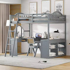 Lit mezzanine double avec bureau, lit mezzanine en bois avec tiroirs et étagères de rangement, lit mezzanine double haut avec miroir de coiffeuse pour enfants, adolescents et adultes