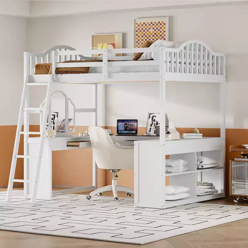 Lit mezzanine double avec bureau, lit mezzanine en bois avec tiroirs et étagères de rangement, lit mezzanine double haut avec miroir de coiffeuse pour enfants, adolescents et adultes