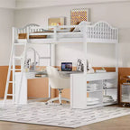 Lit mezzanine double avec bureau, lit mezzanine en bois avec tiroirs et étagères de rangement, lit mezzanine double haut avec miroir de coiffeuse pour enfants, adolescents et adultes