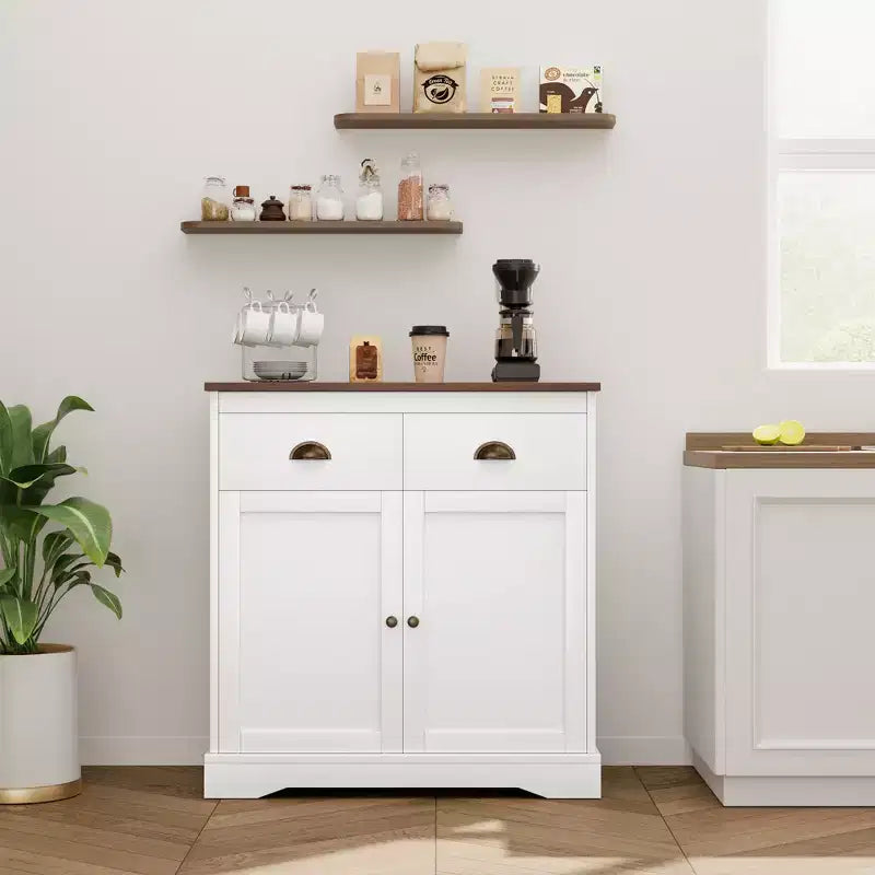 COZONY Meuble Bar à Café Moderne Style Ferme 80 cm, Buffet de Cuisine avec 2 Tiroirs, Armoire de Rangement à Double Porte avec Étagère Réglable