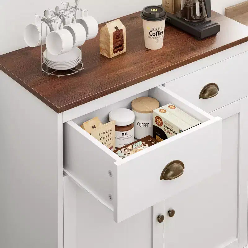 COZONY Meuble Bar à Café Moderne Style Ferme 80 cm, Buffet de Cuisine avec 2 Tiroirs, Armoire de Rangement à Double Porte avec Étagère Réglable