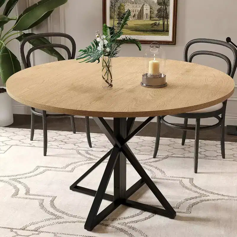 Table de salle à manger ronde de 120 cm pour 4 personnes, tables de cuisine en bois avec pied en métal et plateau en 4 parties, peu encombrante, table de dîner circulaire pour la maison
