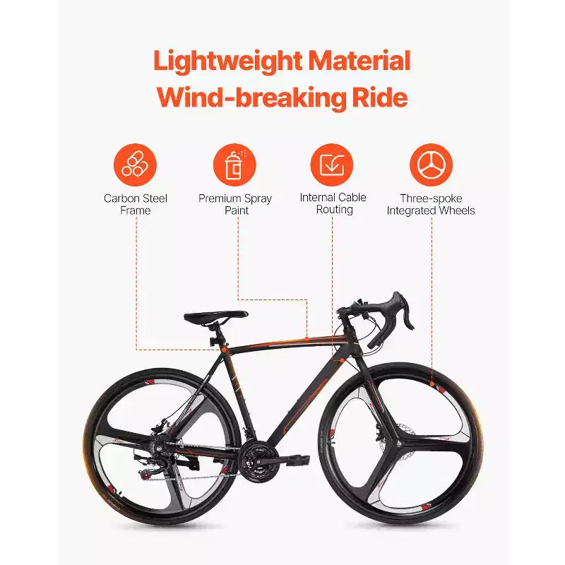 Vélo de route VEVOR, Roues 700C, Vélo de course, Système de transmission SHIMANO 21 vitesses, Vélo de route de ville avec cadre en acier au carbone, Noir