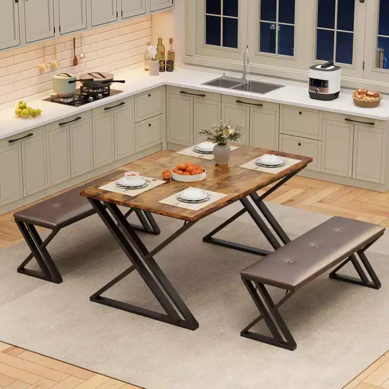 Ensemble table de salle à manger avec 2 bancs, ensemble table à manger pour 4 à 6 personnes, table de petit-déjeuner avec bancs rembourrés en cuir PU pour petits espaces, appartement