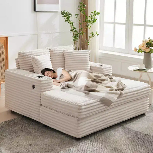 Chaise longue surdimensionnée de 54 pouces, canapé-lit rembourré avec 4 oreillers et porte-gobelet, canapé en velours côtelé confortable pour salon ou chambre à coucher