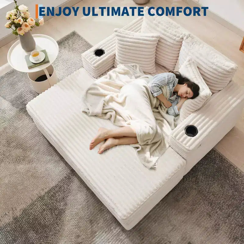 Chaise longue surdimensionnée de 54 pouces, canapé-lit rembourré avec 4 oreillers et porte-gobelet, canapé en velours côtelé confortable pour salon ou chambre à coucher