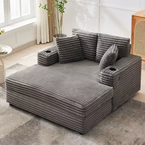 54 Oversized Chaise Lounge Chair, Upholstered Sleeper Sofa Bed with 4 Pillows & Cup Holder, Corduroy Comfy Sofa Couch for Living Room Bedroom