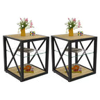 Set of 2 Modern End Tables with Drawer - Rustic Wood-Grain MDF and Tempered Glass Top Nightstands for Bedroom and Living Room