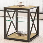 Lot de 2 tables d'appoint modernes avec tiroir - Tables de chevet en MDF grain de bois rustique et plateau en verre trempé pour chambre et salon