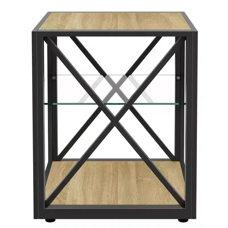 Lot de 2 tables d'appoint modernes avec tiroir - Tables de chevet en MDF grain de bois rustique et plateau en verre trempé pour chambre et salon