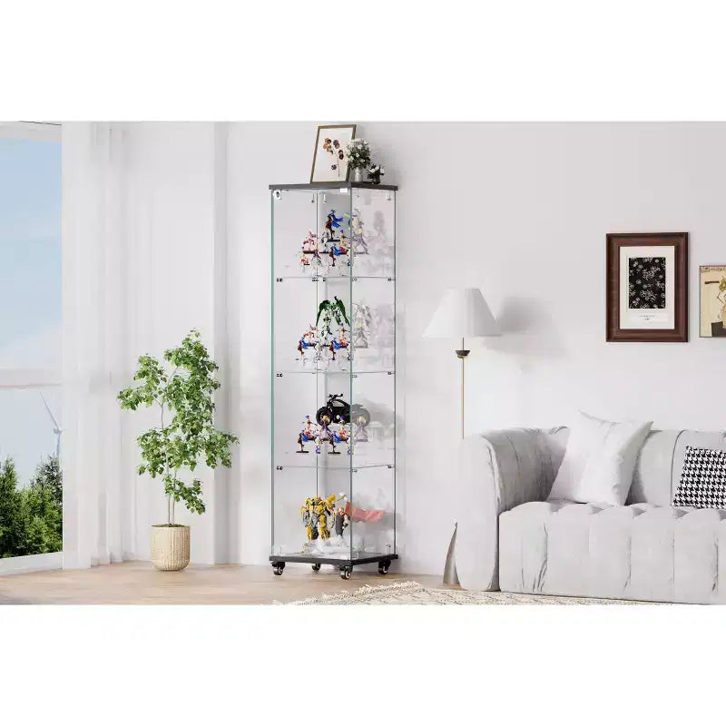 Meuble vitrine Okak avec porte en verre et étagères en acrylique, meuble de rangement avec serrure et roulettes, armoire pour salon, chambre à coucher