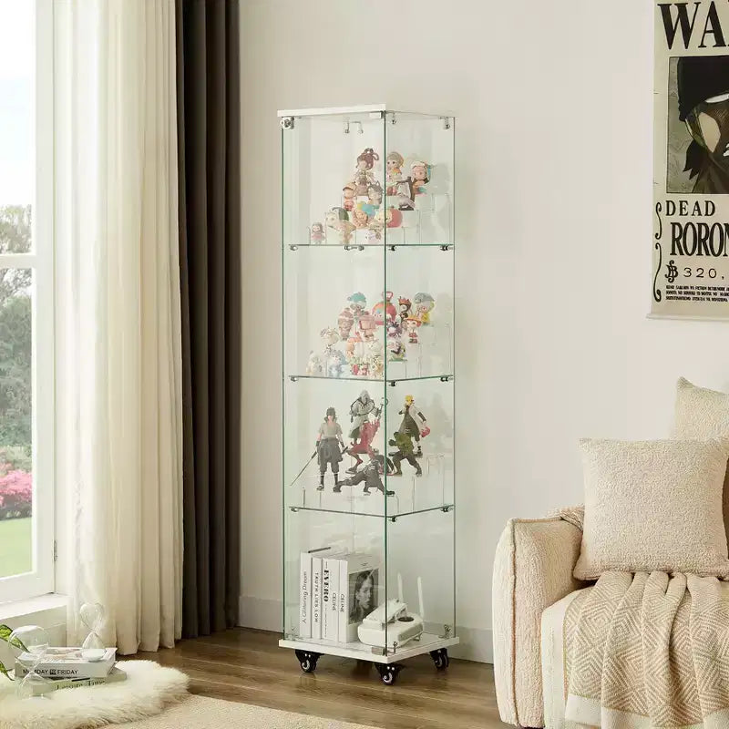 Meuble vitrine Okak avec porte en verre et étagères en acrylique, meuble de rangement avec serrure et roulettes, armoire pour salon, chambre à coucher