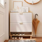 Meuble à chaussures Okak, étagère à chaussures avec 2 tiroirs basculants et pieds en bois naturel, organisateur de rangement mince pour couloir, entrée