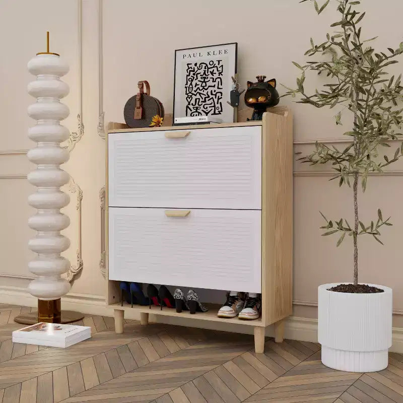 Meuble à chaussures Okak, étagère à chaussures avec 2 tiroirs basculants et pieds en bois naturel, organisateur de rangement mince pour couloir, entrée