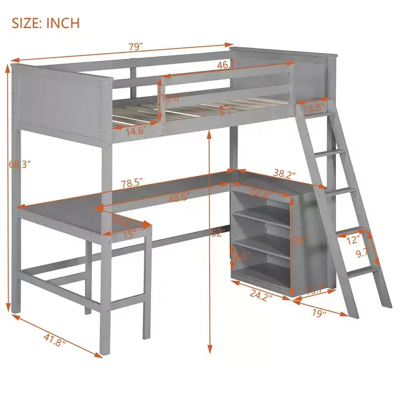 Lit mezzanine double surélevé avec bureau, cadre de lit mezzanine en bois avec étagères de rangement