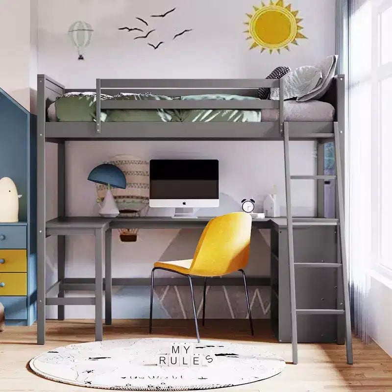 Lit mezzanine double surélevé avec bureau, cadre de lit mezzanine en bois avec étagères de rangement
