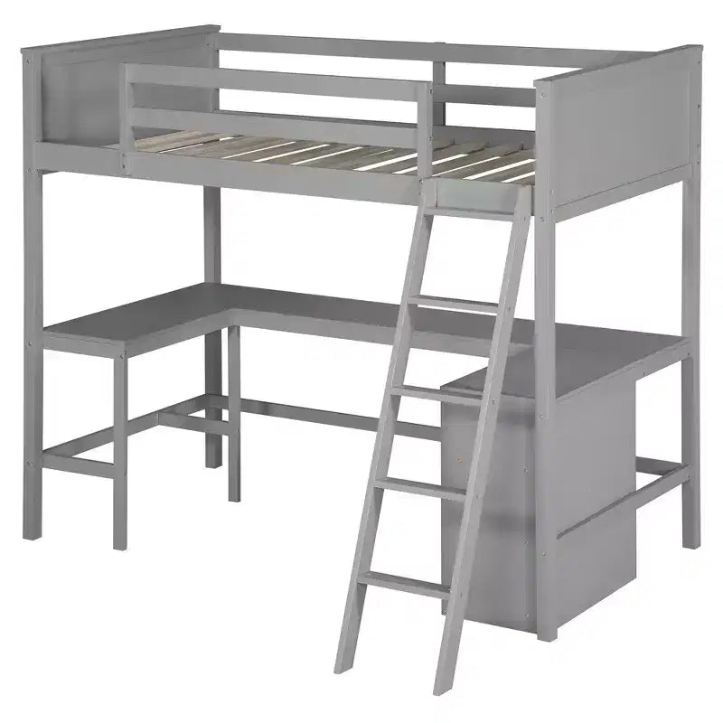 Lit mezzanine double surélevé avec bureau, cadre de lit mezzanine en bois avec étagères de rangement