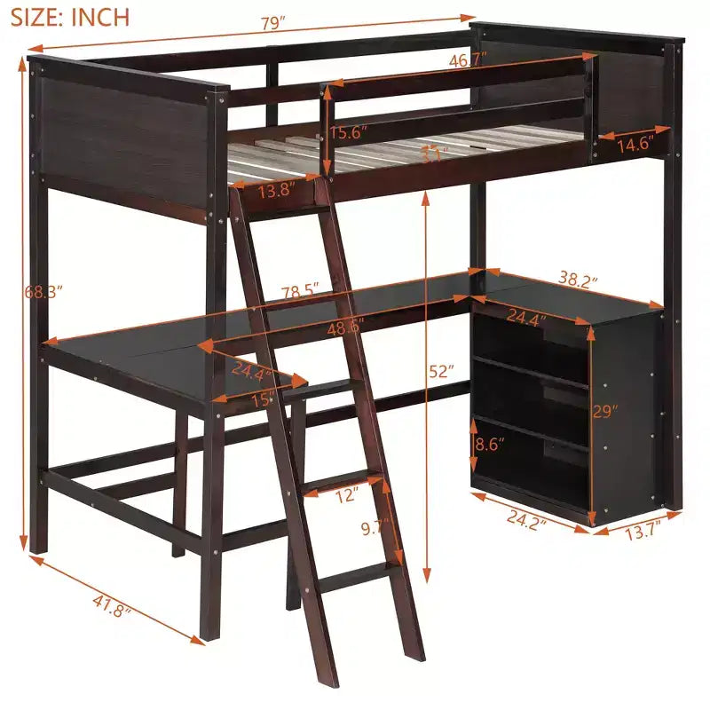 Lit mezzanine double surélevé avec bureau, cadre de lit mezzanine en bois avec étagères de rangement
