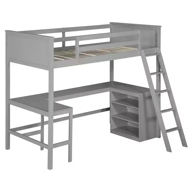Lit mezzanine double surélevé avec bureau, cadre de lit mezzanine en bois avec étagères de rangement