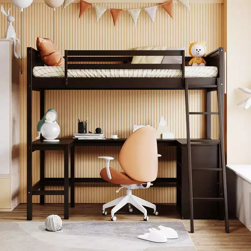 Lit mezzanine double surélevé avec bureau, cadre de lit mezzanine en bois avec étagères de rangement
