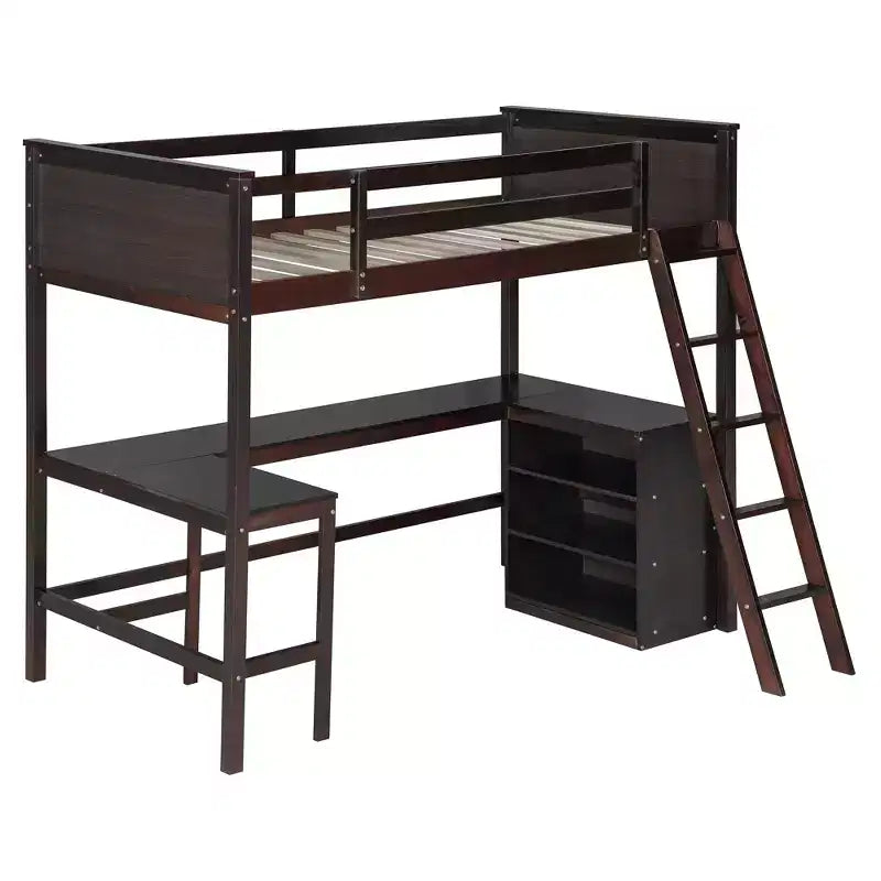 Lit mezzanine double surélevé avec bureau, cadre de lit mezzanine en bois avec étagères de rangement