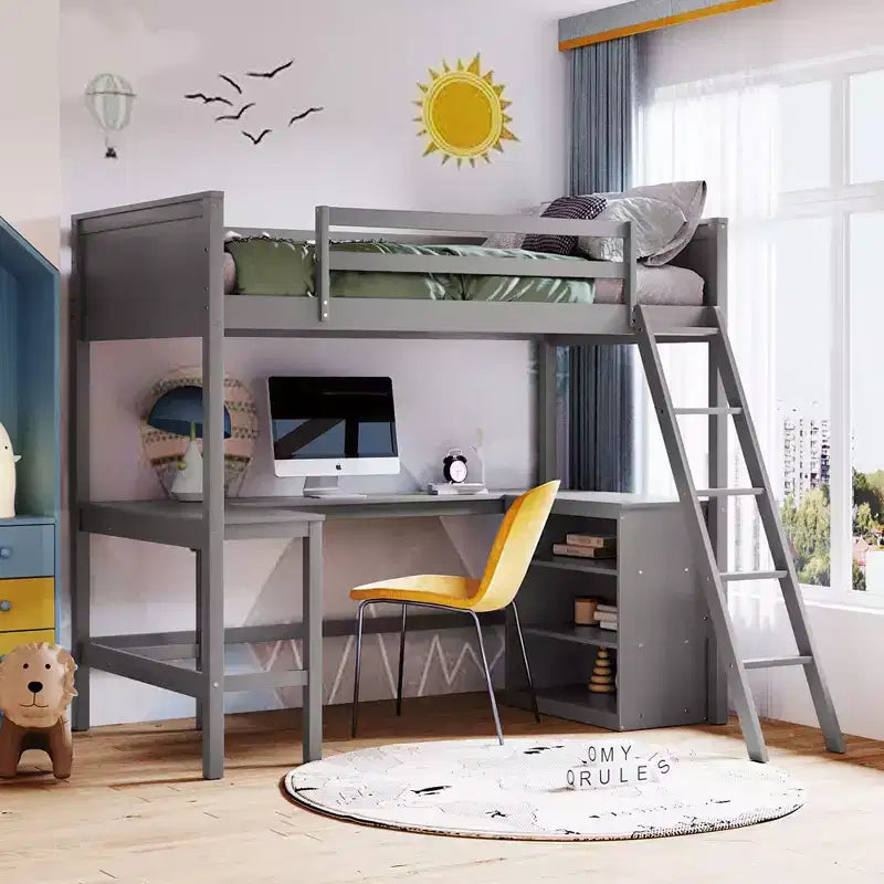 Lit mezzanine double surélevé avec bureau, cadre de lit mezzanine en bois avec étagères de rangement