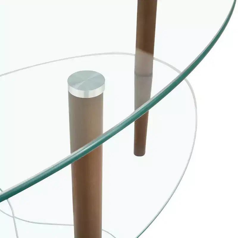 Table basse ovale transparente en verre avec pieds en bois de chêne, table moderne à 3 niveaux pour salon