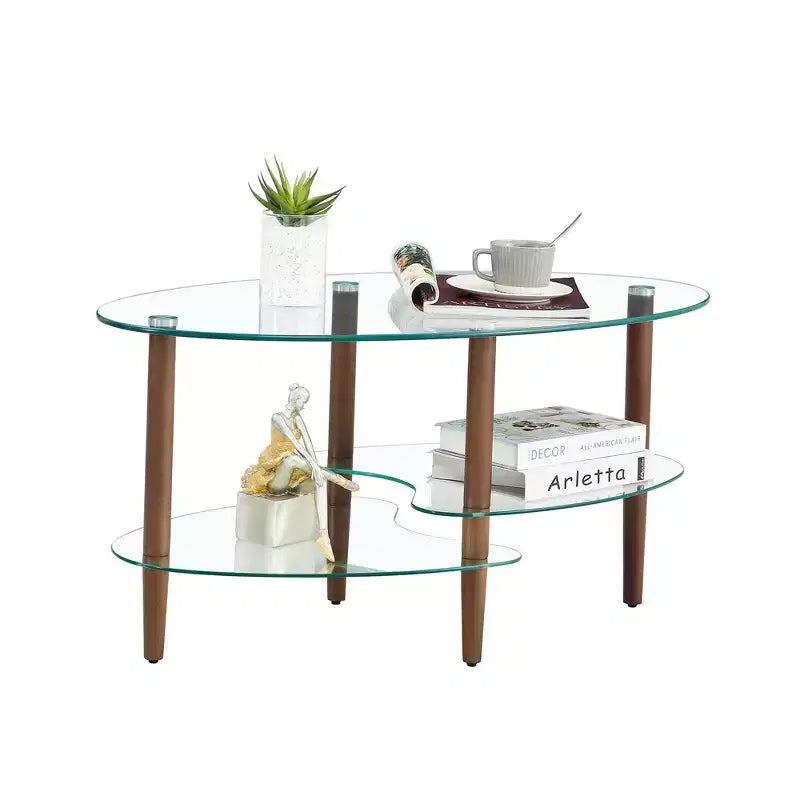 Table basse ovale transparente en verre avec pieds en bois de chêne, table moderne à 3 niveaux pour salon