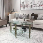 Table basse ovale transparente en verre avec pieds en bois de chêne, table moderne à 3 niveaux pour salon