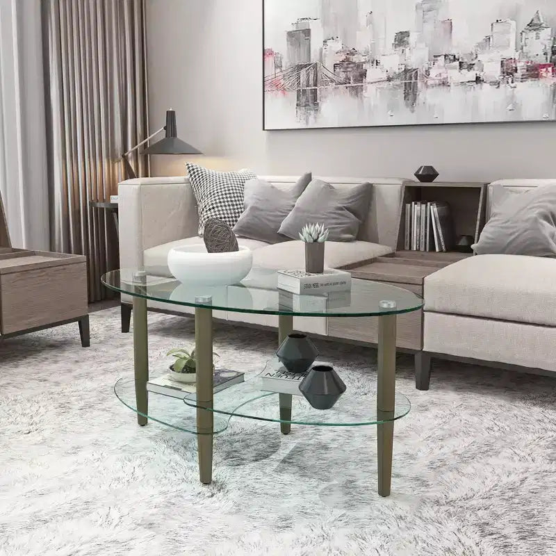 Table basse ovale transparente en verre avec pieds en bois de chêne, table moderne à 3 niveaux pour salon