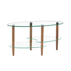 Table basse ovale transparente en verre avec pieds en bois de chêne, table moderne à 3 niveaux pour salon