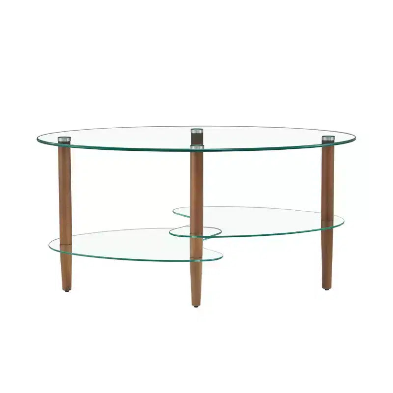 Table basse ovale transparente en verre avec pieds en bois de chêne, table moderne à 3 niveaux pour salon