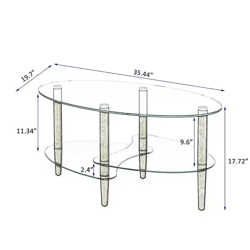 Table basse ovale transparente en verre avec pieds en bois de chêne, table moderne à 3 niveaux pour salon