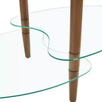 Table basse ovale transparente en verre avec pieds en bois de chêne, table moderne à 3 niveaux pour salon