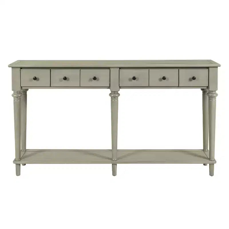 Console Rétro Luxystar avec 4 Tiroirs, Étagère Ouverte pour Entrée et Salon, Gris Lavé