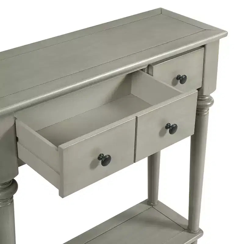 Console Rétro Luxystar avec 4 Tiroirs, Étagère Ouverte pour Entrée et Salon, Gris Lavé
