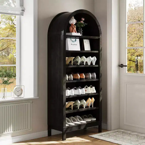 71 in Tall Arched Shoe Cabinet, 7-Tier Wooden Shoe Rack with Adjustable Shelves, Freestanding Display Shelf Storage Organizer for Entryway Hallway