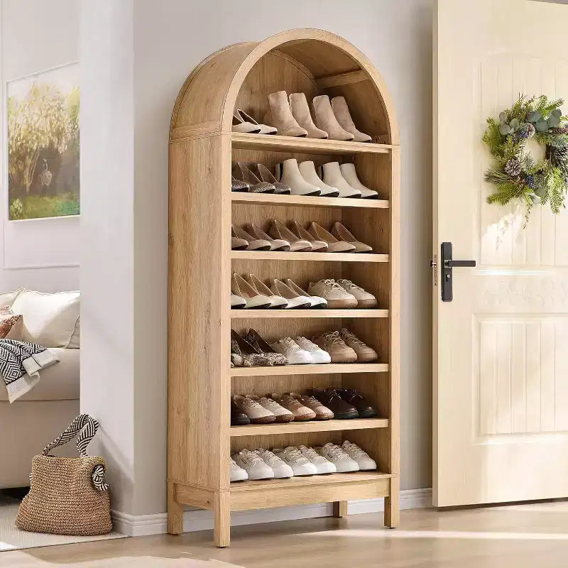 Grand meuble à chaussures arqué de 180 cm, étagère à chaussures en bois à 7 niveaux avec étagères réglables, organisateur de rangement autoportant pour l'entrée et le couloir