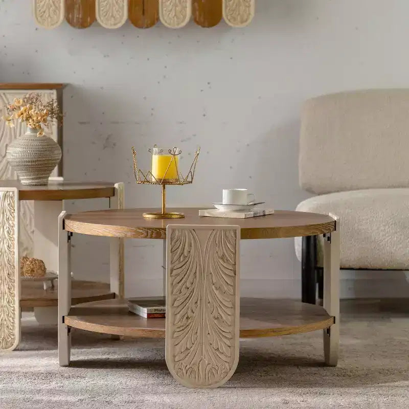CLIHOME Table basse sculptée en bois, Table d'appoint rétro avec rangement double couche, Table de chevet de style palais pour petits espaces