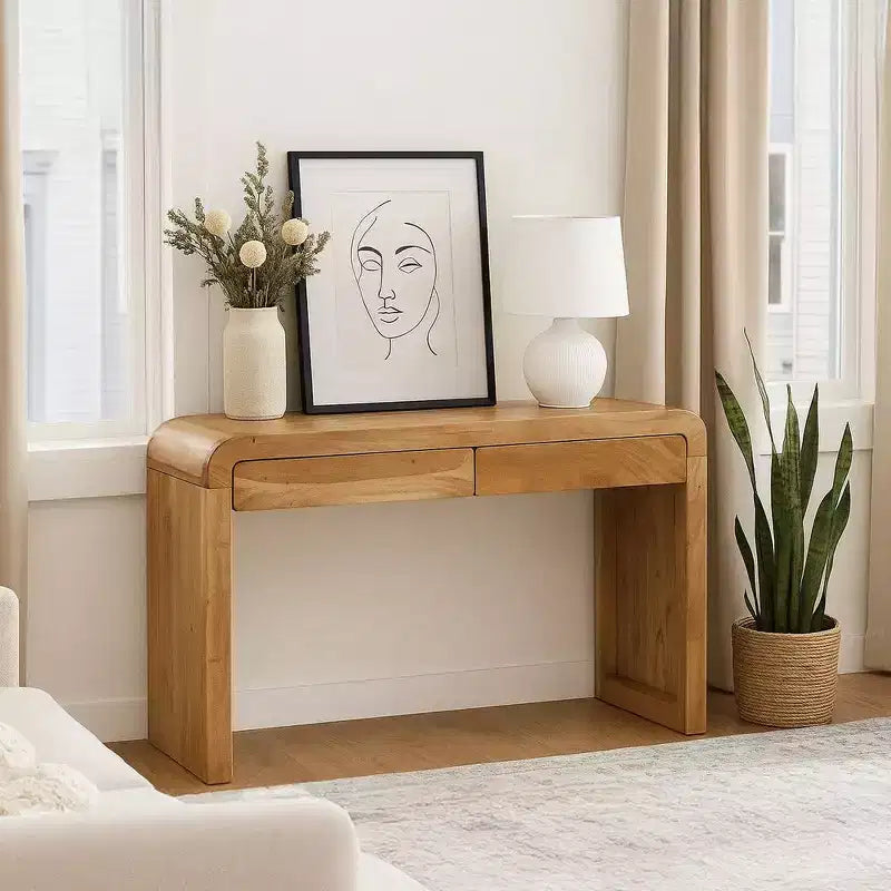 Console Royal Hampton | Plateau de 43 po de large | Bois d'acacia naturel fait à la main | Rangement à deux tiroirs