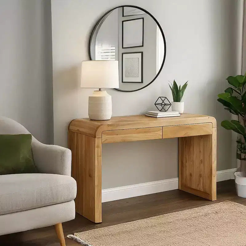 Console Royal Hampton | Plateau de 43 po de large | Bois d'acacia naturel fait à la main | Rangement à deux tiroirs