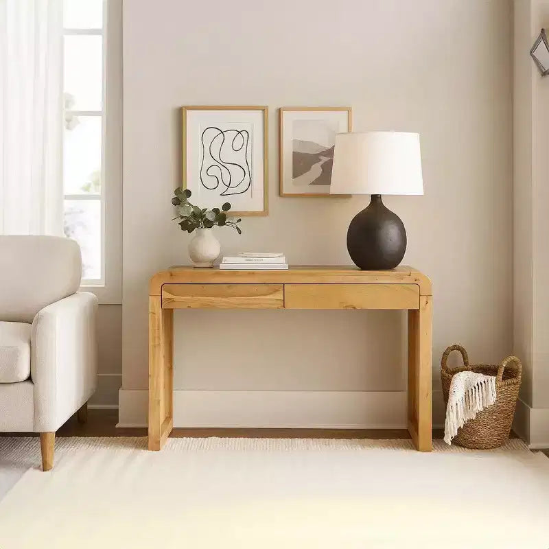 Console Royal Hampton | Plateau de 43 po de large | Bois d'acacia naturel fait à la main | Rangement à deux tiroirs