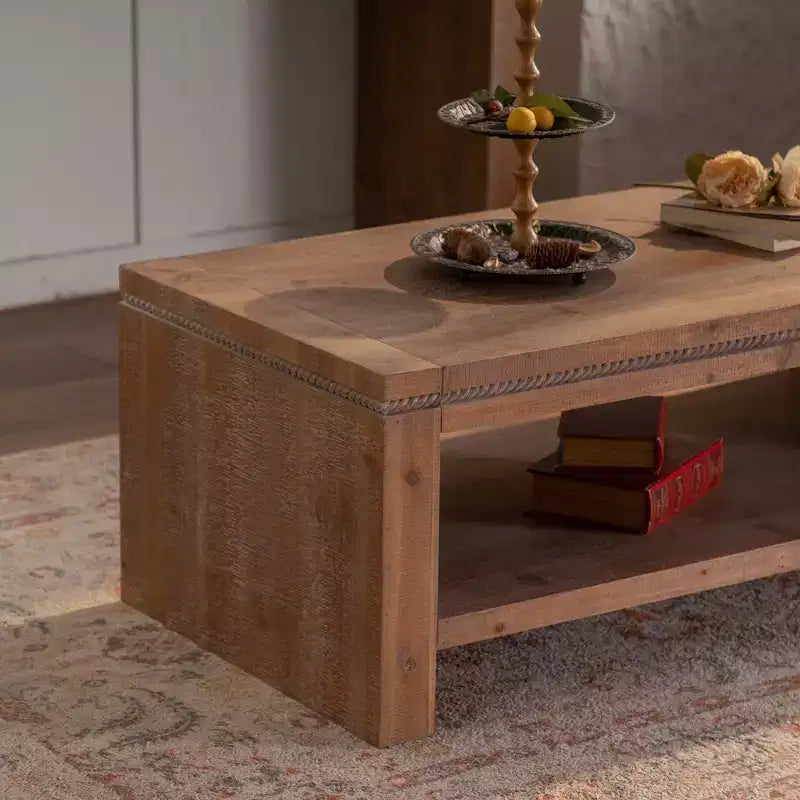 Table basse rectangulaire CLIHOME en bois massif, grande table basse rustique à 2 niveaux avec étagère de rangement, pour bureau et appartement