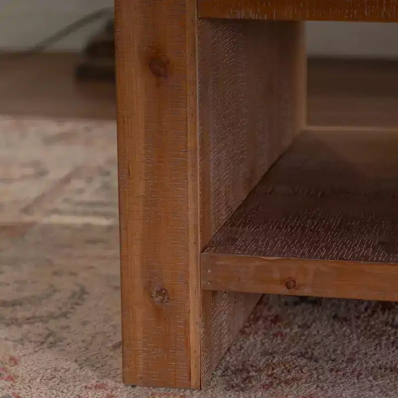 Table basse rectangulaire CLIHOME en bois massif, grande table basse rustique à 2 niveaux avec étagère de rangement, pour bureau et appartement