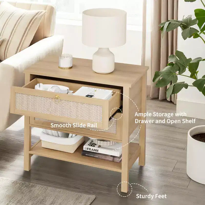 Tables de chevet en rotin (lot de 2), bout de canapé avec 2 tiroirs et étagère ouverte, table d'appoint pour petits espaces, table de chevet pour salon
