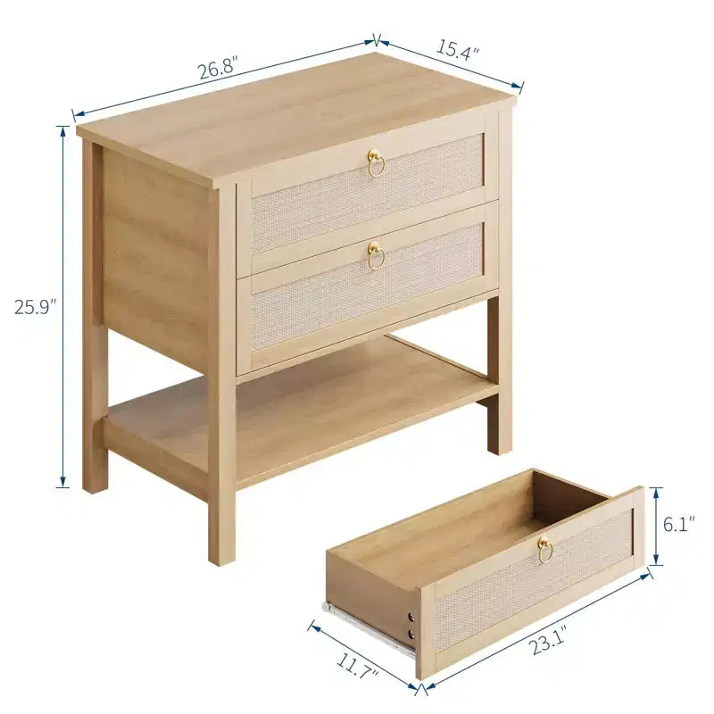 Tables de chevet en rotin (lot de 2), bout de canapé avec 2 tiroirs et étagère ouverte, table d'appoint pour petits espaces, table de chevet pour salon