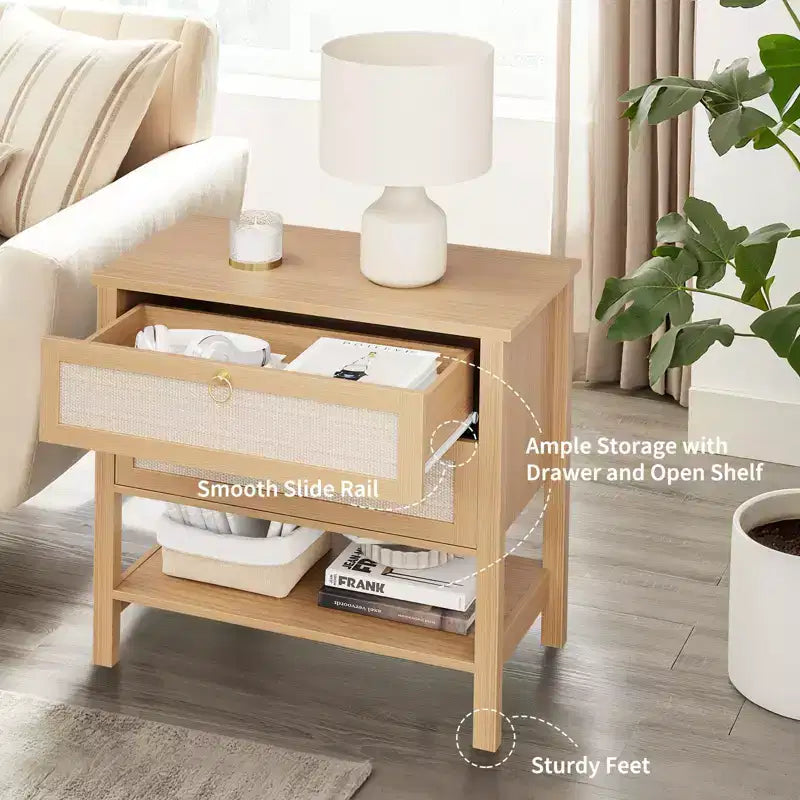 Tables de chevet en rotin (lot de 2), bout de canapé avec 2 tiroirs et étagère ouverte, table d'appoint pour petits espaces, table de chevet pour salon