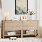 Tables de chevet en rotin (lot de 2), bout de canapé avec 2 tiroirs et étagère ouverte, table d'appoint pour petits espaces, table de chevet pour salon