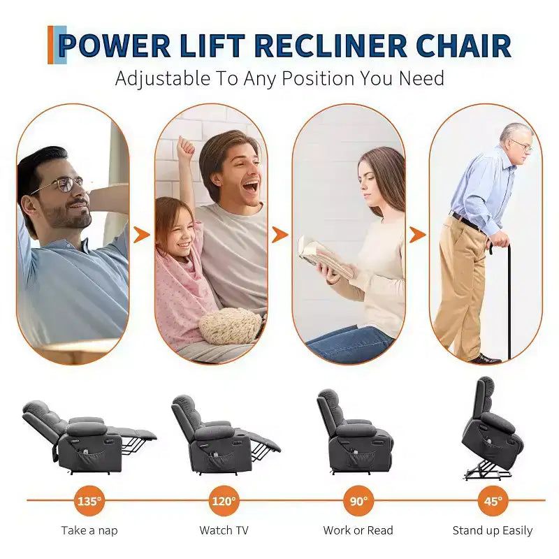 Fauteuil inclinable électrique surdimensionné GustoWave avec massage et chaleur pour personnes âgées, grand fauteuil inclinable, canapé inclinable individuel.